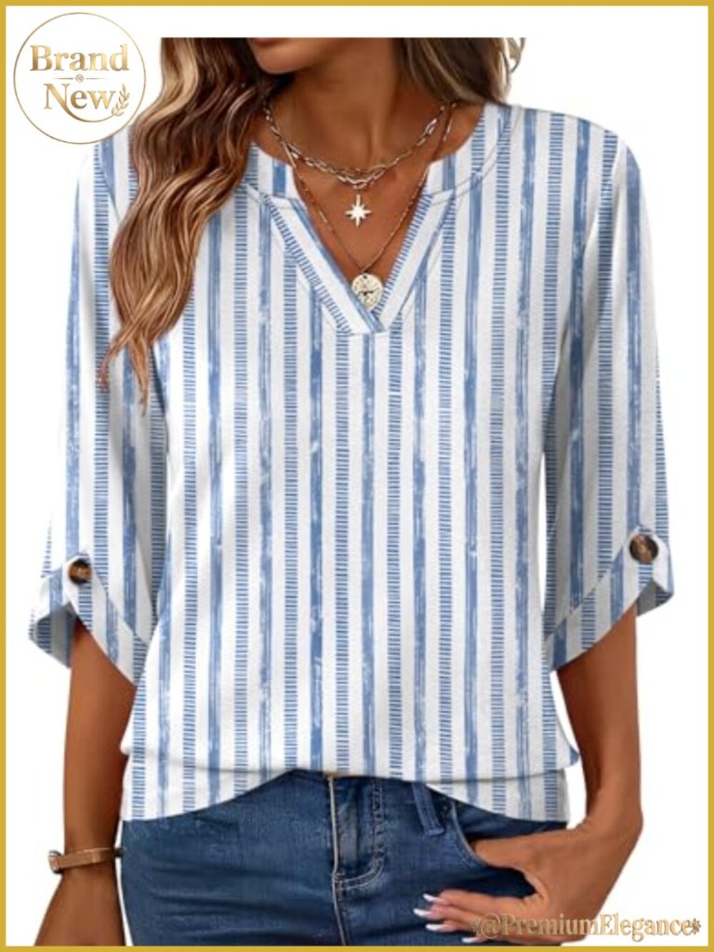 Womens 3/4 Sleeve V-Neck Tunic Blouse Bell Sleeve Business Casual Top